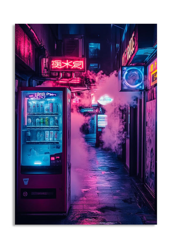 Neon-lit alleyway with a vending machine and various signs in an urban setting, as a premium aluminum metal print from GoMetalPrint.
