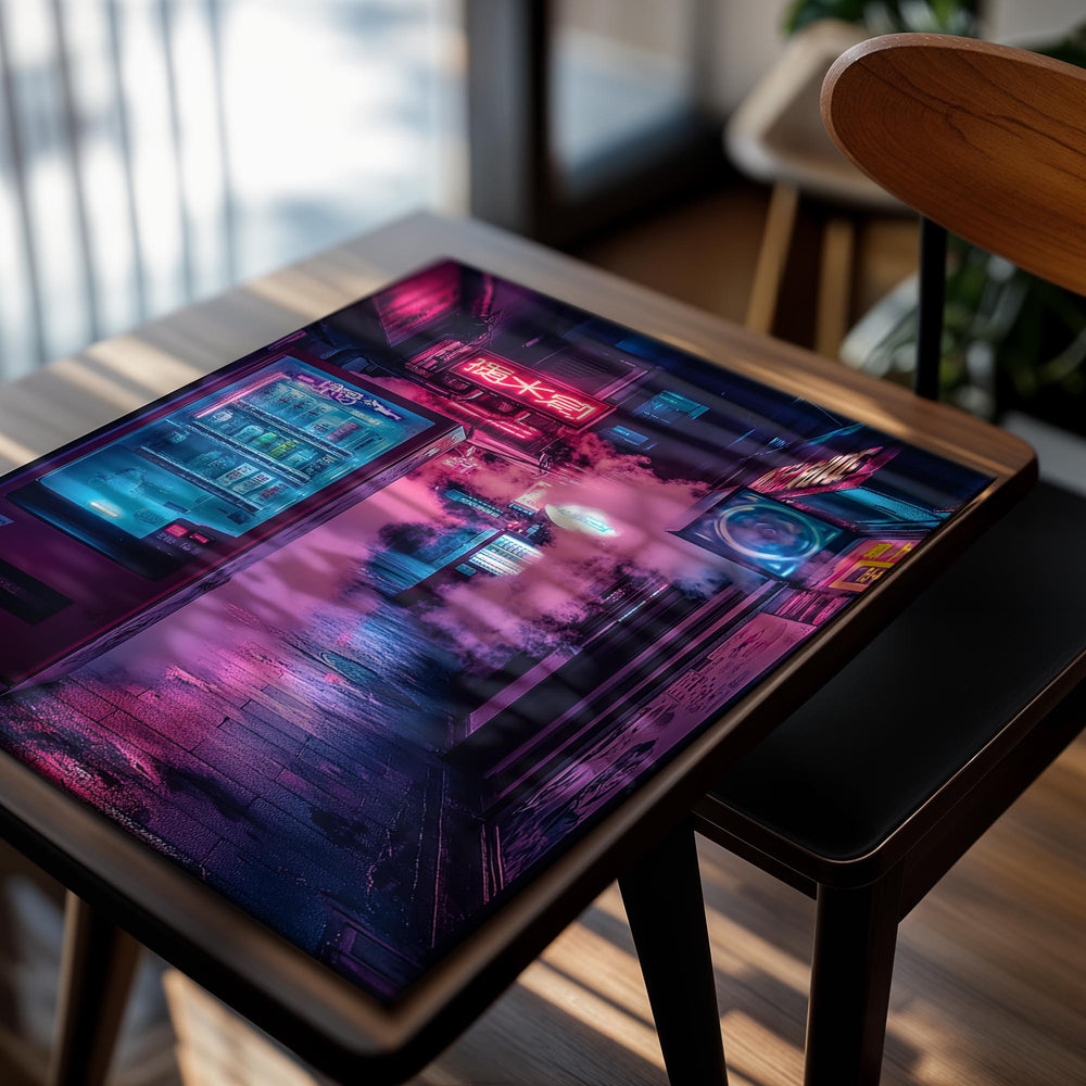 Neon-lit alleyway with a vending machine and various signs in an urban setting, as a premium aluminum metal print from GoMetalPrint.
