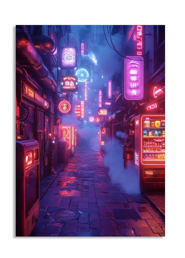Neon-lit street scene with futuristic architecture and glowing signs, as a premium aluminum metal print from GoMetalPrint.
