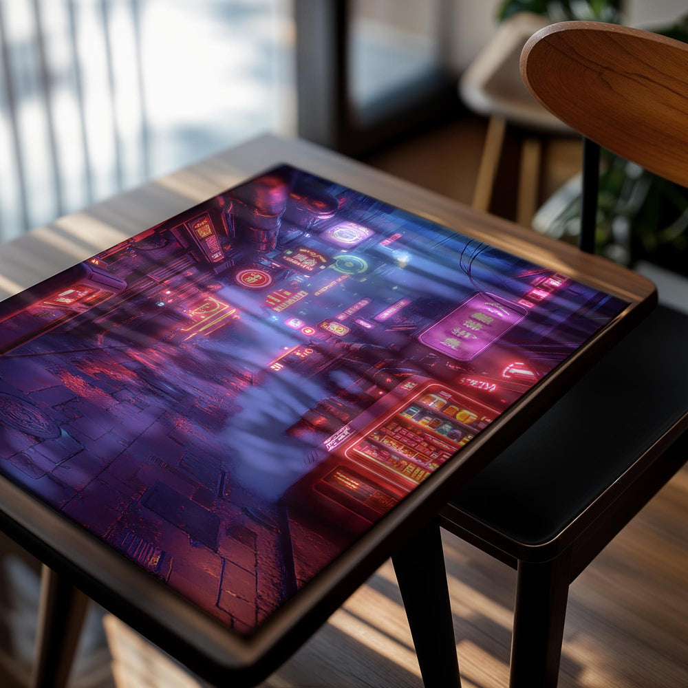 Neon-lit street scene with futuristic architecture and glowing signs, as a premium aluminum metal print from GoMetalPrint.
