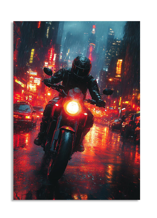Motorcyclist on a wet city street at night with illuminated buildings, as a premium aluminum metal print from GoMetalPrint.
