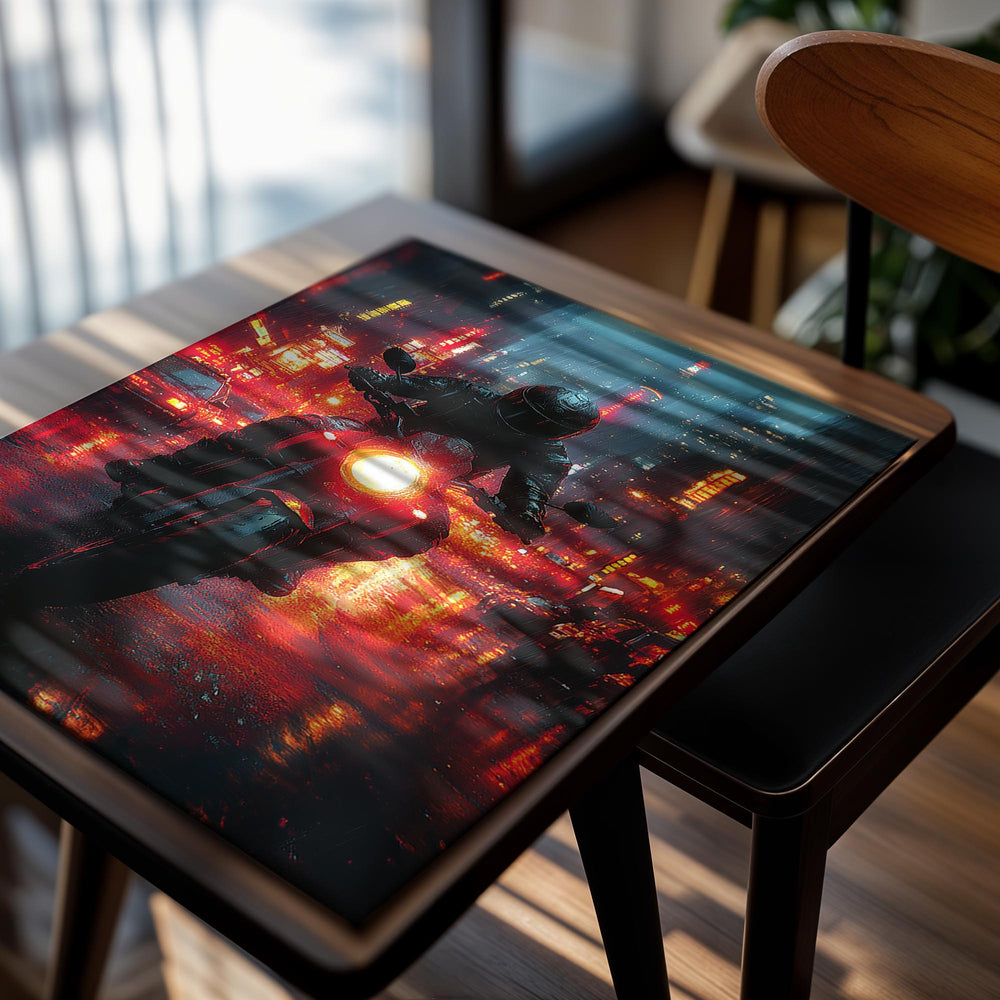 Motorcyclist on a wet city street at night with illuminated buildings, as a premium aluminum metal print from GoMetalPrint.
