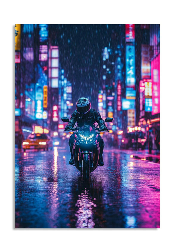 Person riding a motorcycle on a neon-lit city street at night, as a premium aluminum metal print from GoMetalPrint.
