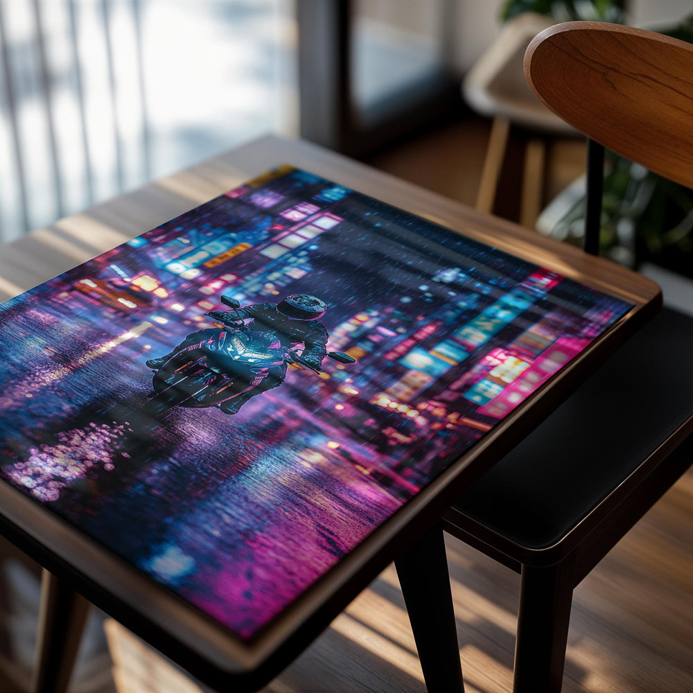 Person riding a motorcycle on a neon-lit city street at night, as a premium aluminum metal print from GoMetalPrint.
