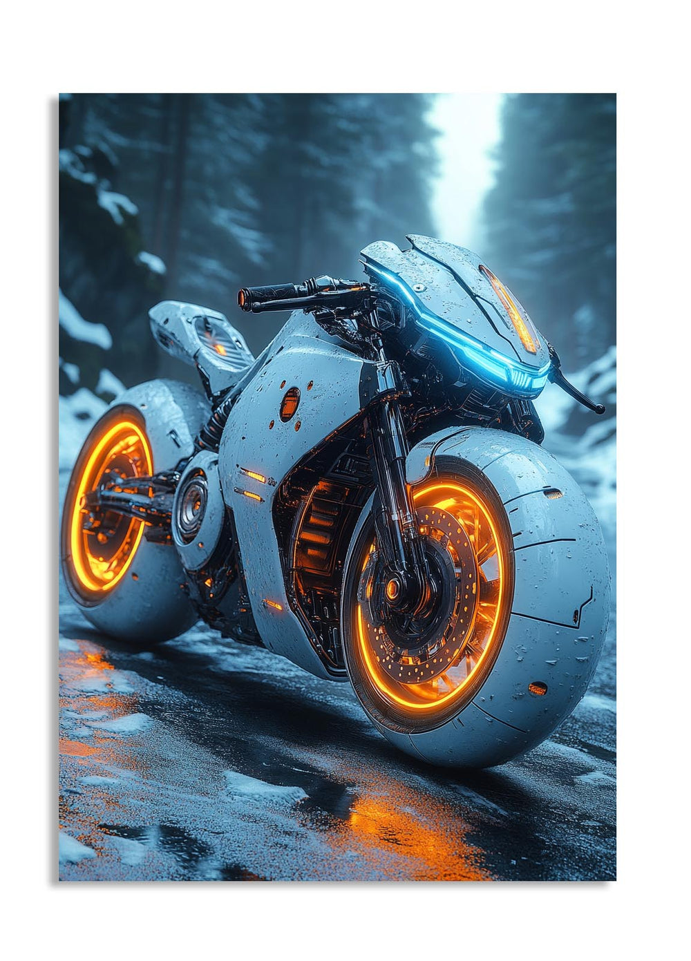 Motorcycle with glowing orange wheels on a snowy background, as a premium aluminum metal print from GoMetalPrint.

