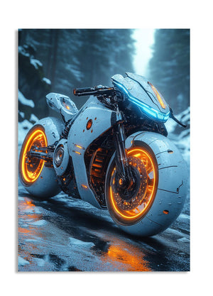 Motorcycle with glowing orange wheels on a snowy background, as a premium aluminum metal print from GoMetalPrint.
