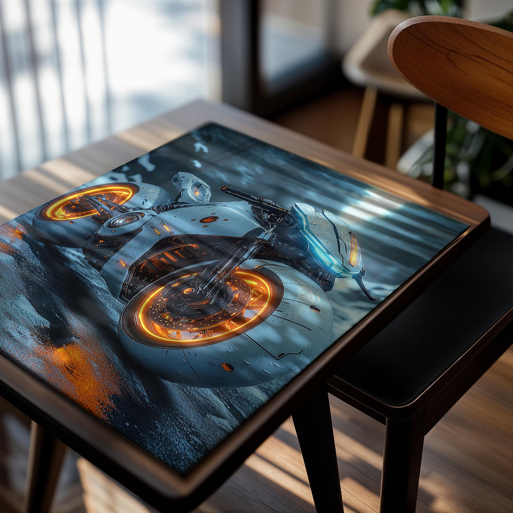 Motorcycle with glowing orange wheels on a snowy background, as a premium aluminum metal print from GoMetalPrint.
