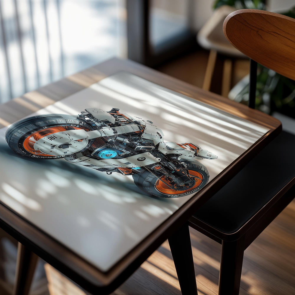 Toy motorcycle model on a light gray background, as a premium aluminum metal print from GoMetalPrint.
