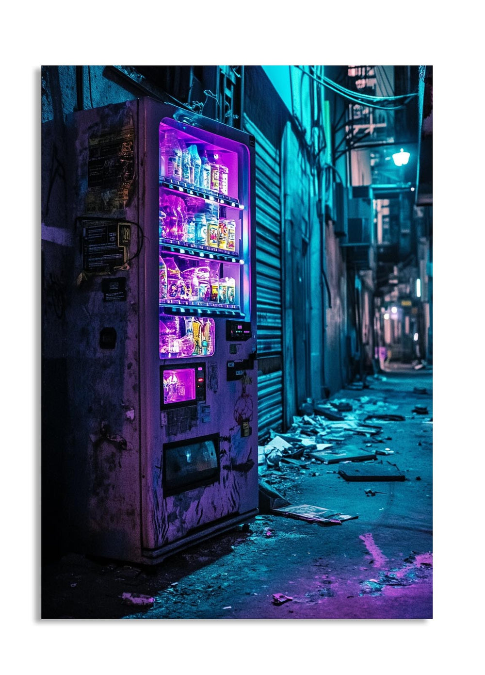 Vending machine in a dark alley with neon lights, as a premium aluminum metal print from GoMetalPrint.
