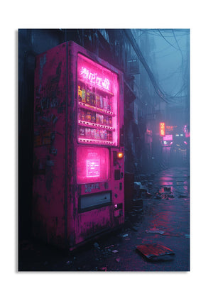 Vending machine with pink neon lights in a dark, urban street setting, as a premium aluminum metal print from GoMetalPrint.
