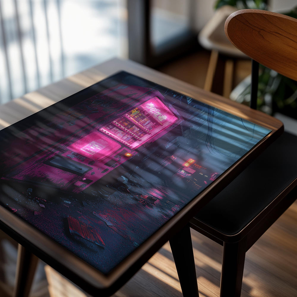 Vending machine with pink neon lights in a dark, urban street setting, as a premium aluminum metal print from GoMetalPrint.
