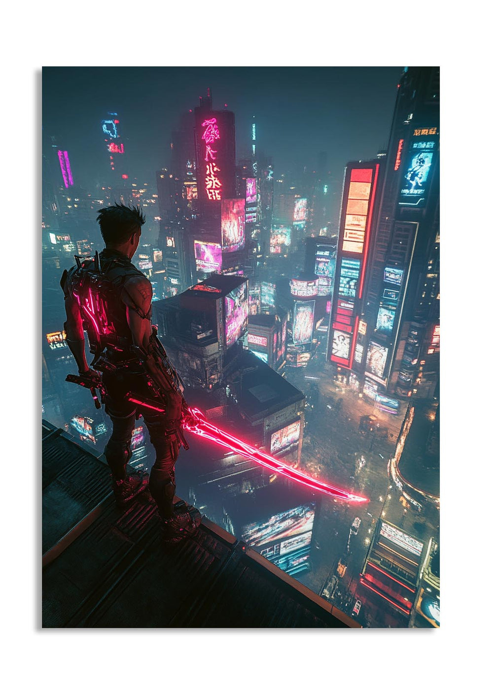 Cyberpunk-themed artwork with a person holding a gun against a futuristic cityscape, as a premium aluminum metal print from GoMetalPrint.
