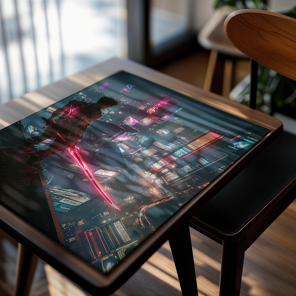 Cyberpunk-themed artwork with a person holding a gun against a futuristic cityscape, as a premium aluminum metal print from GoMetalPrint.

