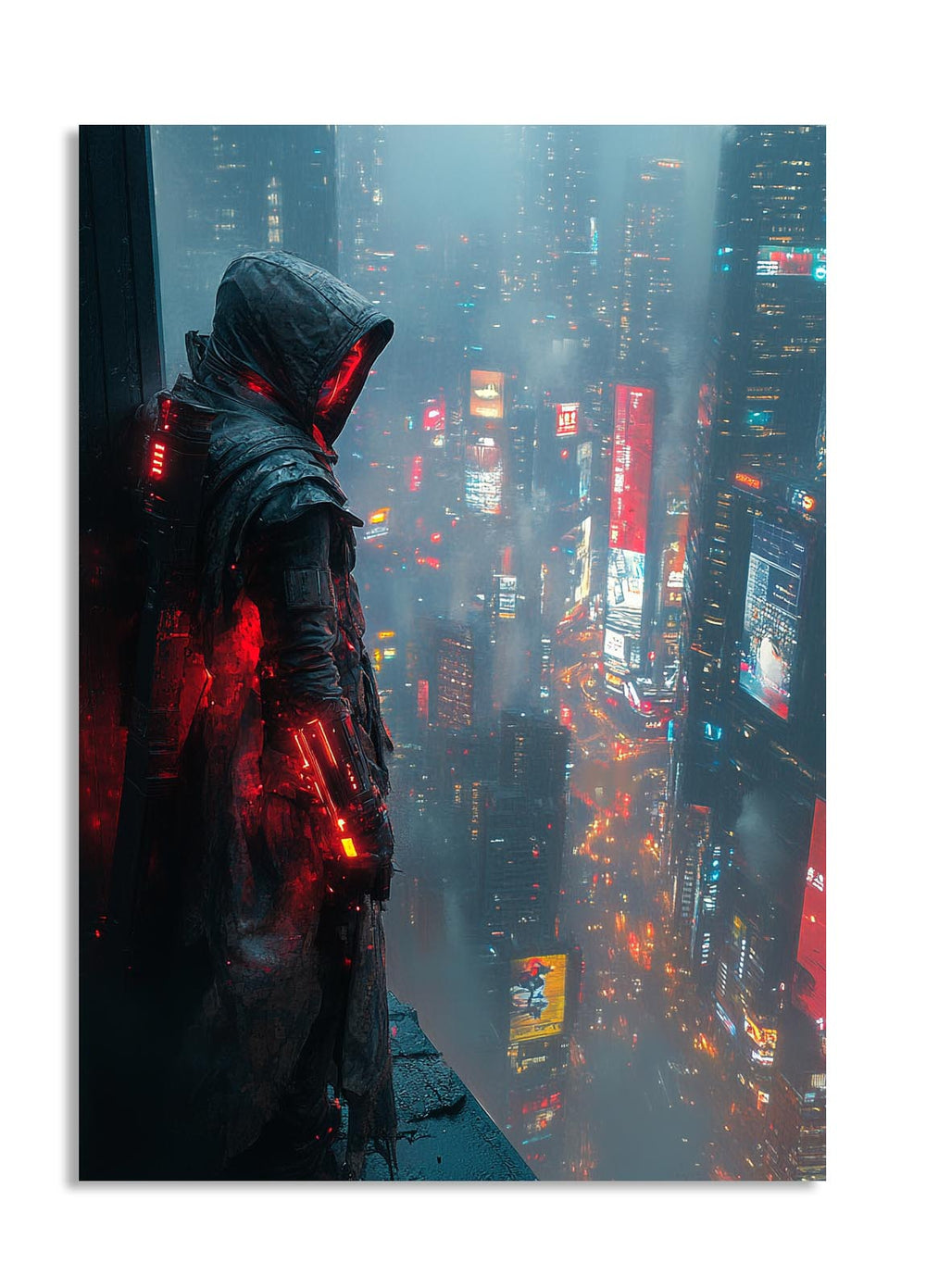 Person in a hooded outfit with glowing red accents against a neon cityscape, as a premium aluminum metal print from GoMetalPrint.

