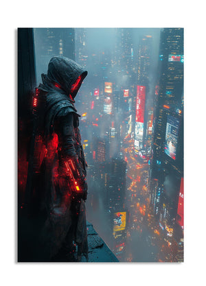 Person in a hooded outfit with glowing red accents against a neon cityscape, as a premium aluminum metal print from GoMetalPrint.
