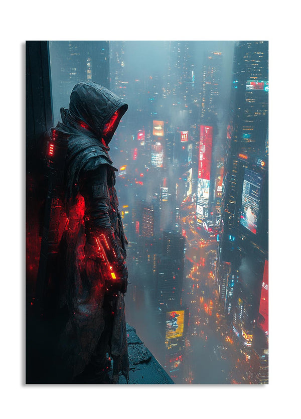 Person in a hooded outfit with glowing red accents against a neon cityscape, as a premium aluminum metal print from GoMetalPrint.
