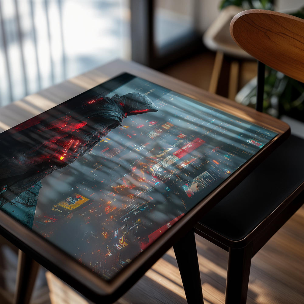 Person in a hooded outfit with glowing red accents against a neon cityscape, as a premium aluminum metal print from GoMetalPrint.

