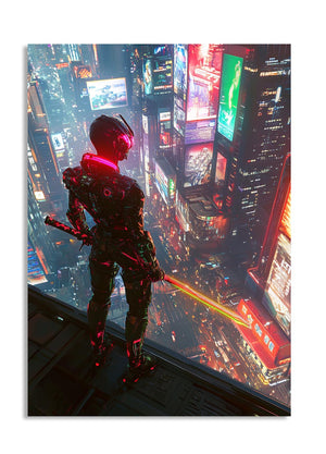 Cyberpunk-themed artwork with a futuristic cityscape and character holding a weapon, as a premium aluminum metal print from GoMetalPrint.
