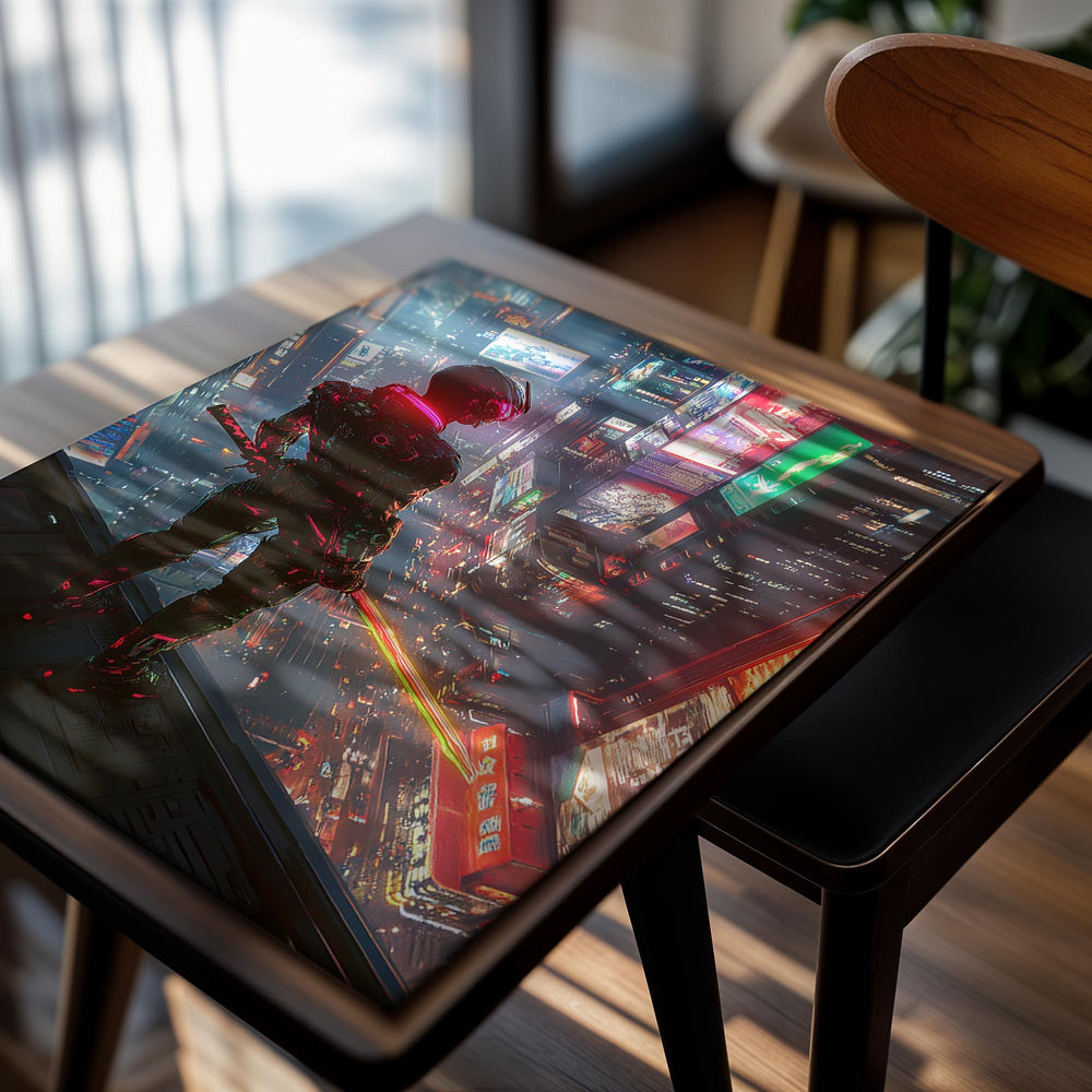 Cyberpunk-themed artwork with a futuristic cityscape and character holding a weapon, as a premium aluminum metal print from GoMetalPrint.
