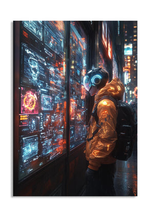 Person in futuristic gear looking at digital displays in a neon-lit cityscape, as a premium aluminum metal print from GoMetalPrint.
