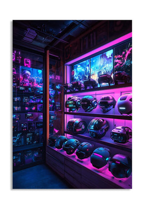 Display of futuristic helmets in a neon-lit room, as a premium aluminum metal print from GoMetalPrint.
