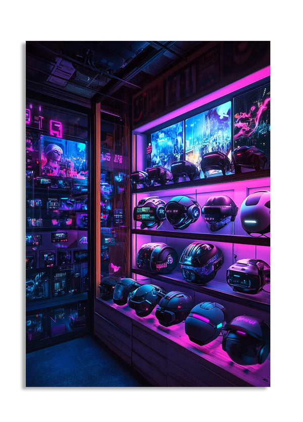 Display of futuristic helmets in a neon-lit room, as a premium aluminum metal print from GoMetalPrint.
