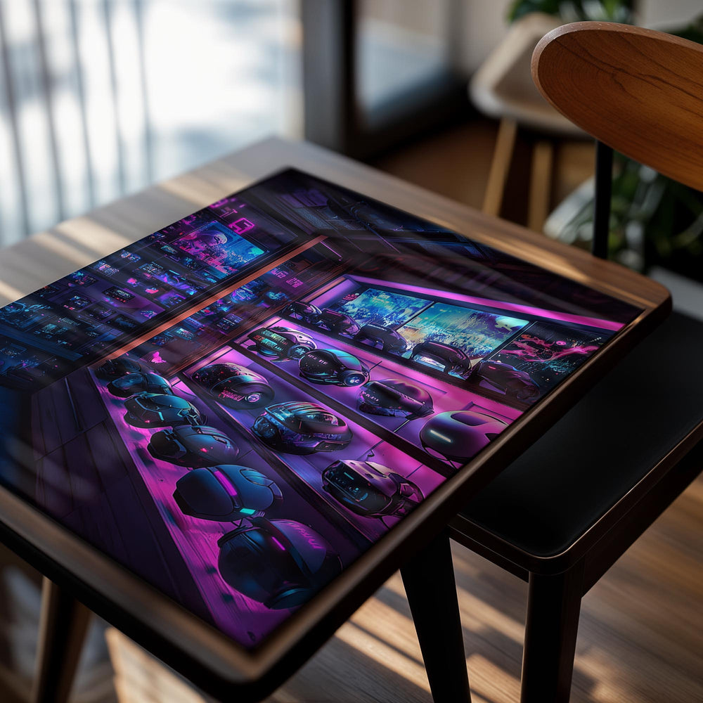 Display of futuristic helmets in a neon-lit room, as a premium aluminum metal print from GoMetalPrint.
