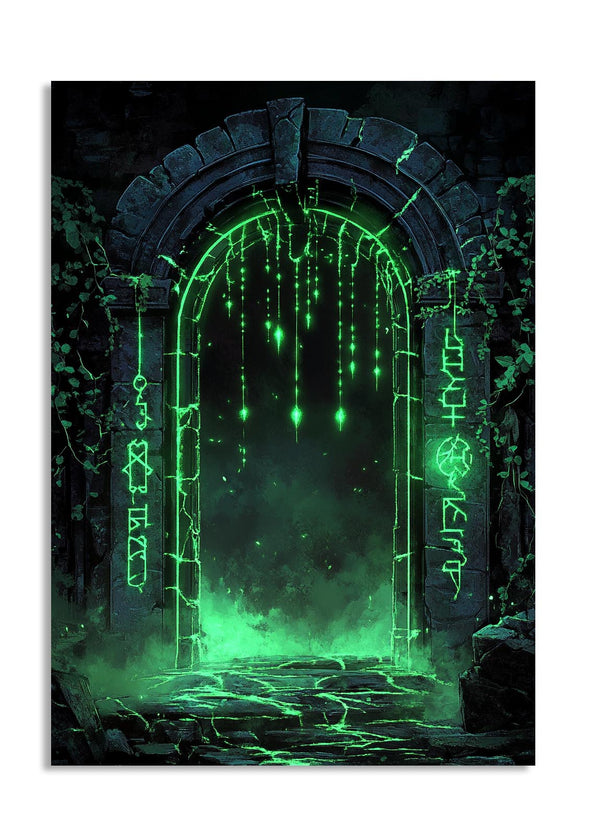 Mystical green door with glowing runes in a dark forest setting, as a premium aluminum metal print from GoMetalPrint.
