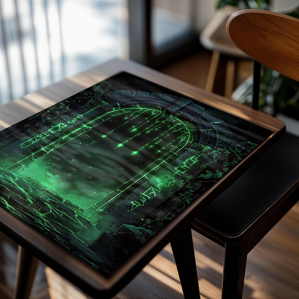 Mystical green door with glowing runes in a dark forest setting, as a premium aluminum metal print from GoMetalPrint.
