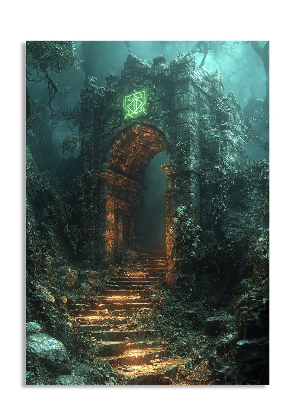 Mystical stone archway in a forest with glowing green symbol above, as a premium aluminum metal print from GoMetalPrint.
