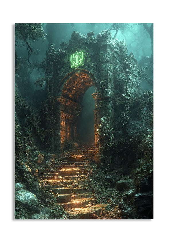 Mystical stone archway in a forest with glowing green symbol above, as a premium aluminum metal print from GoMetalPrint.
