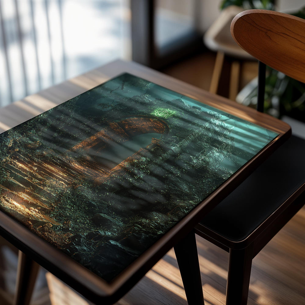 Mystical stone archway in a forest with glowing green symbol above, as a premium aluminum metal print from GoMetalPrint.
