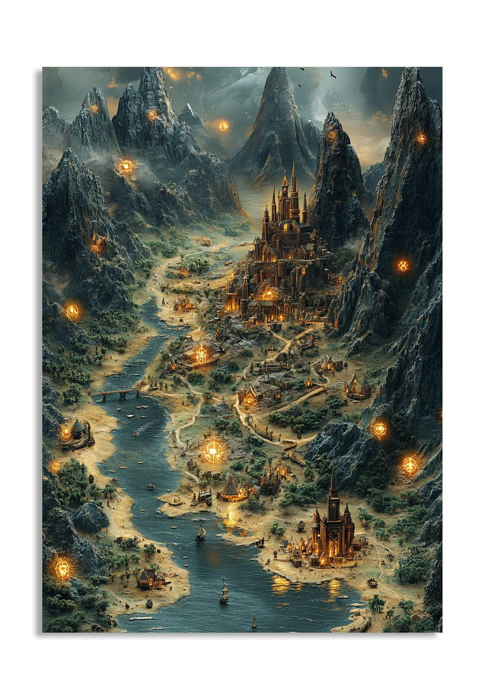 Fantasy landscape with a castle, mountains, and glowing lights, as a premium aluminum metal print from GoMetalPrint.
