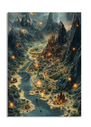 Fantasy landscape with a castle, mountains, and glowing lights, as a premium aluminum metal print from GoMetalPrint.
