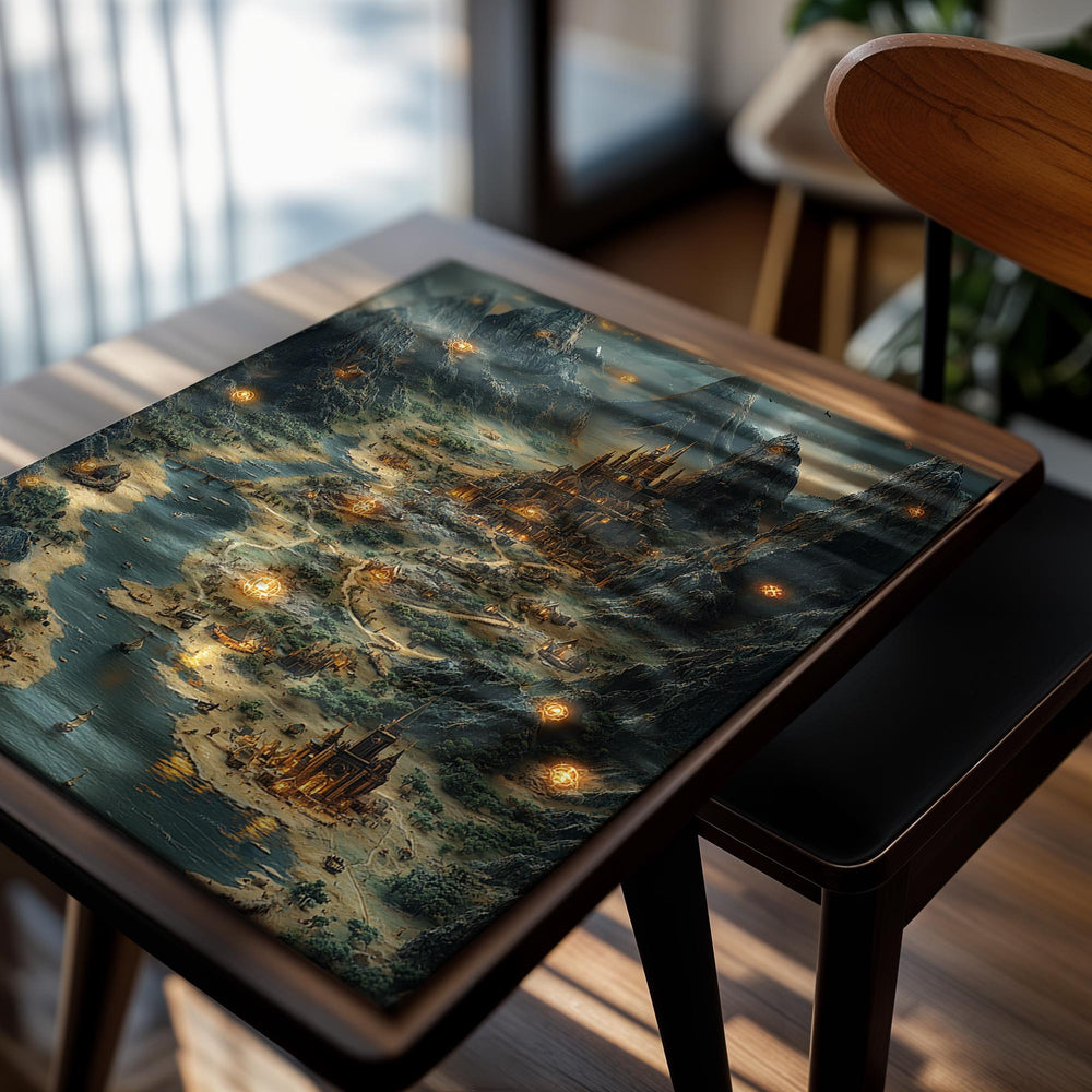 Fantasy landscape with a castle, mountains, and glowing lights, as a premium aluminum metal print from GoMetalPrint.
