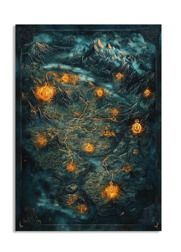 Map with glowing landmarks against a mountainous background, as a premium aluminum metal print from GoMetalPrint.
