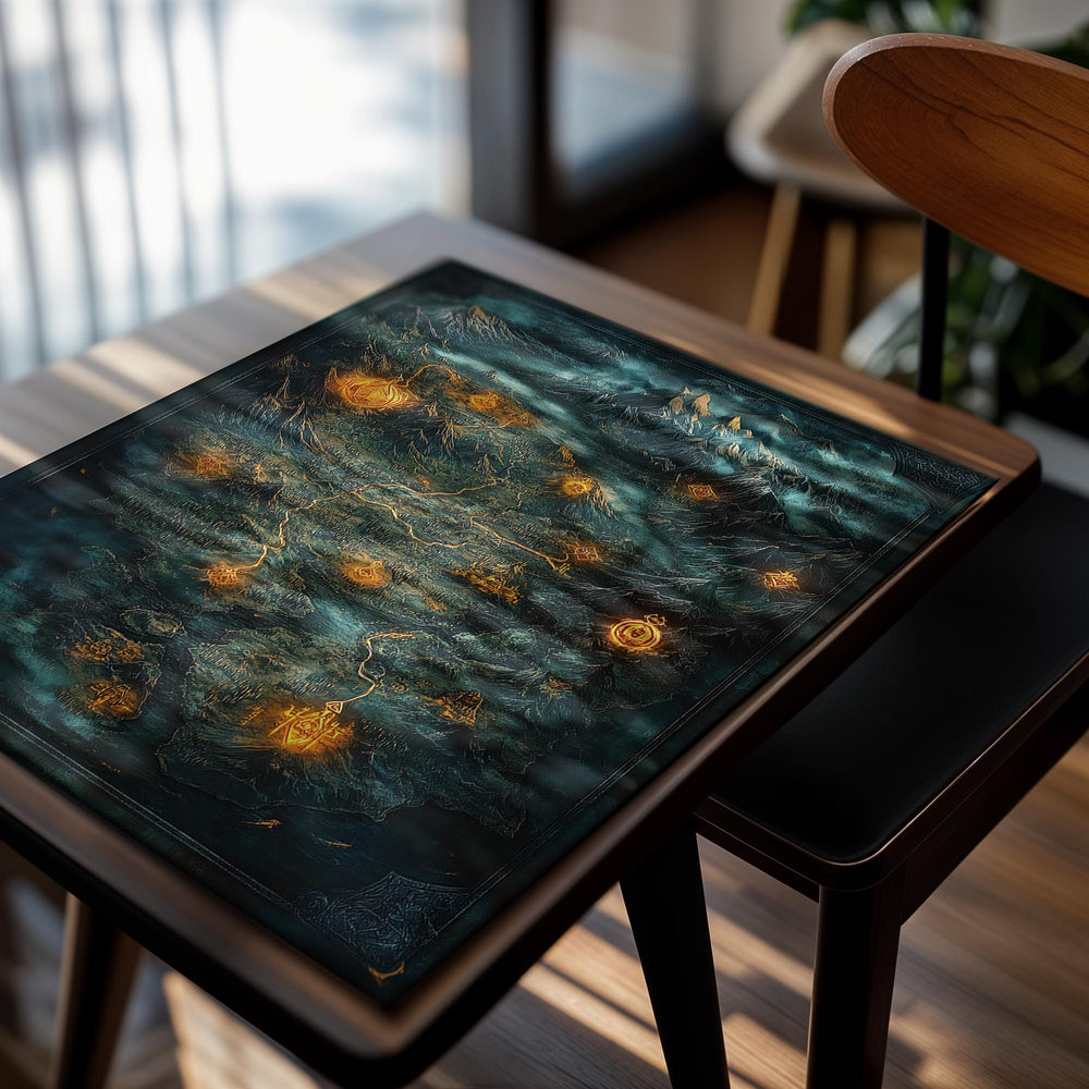 Map with glowing landmarks against a mountainous background, as a premium aluminum metal print from GoMetalPrint.
