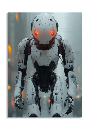 Robotic figure with glowing red eyes in a foggy environment, as a premium aluminum metal print from GoMetalPrint.
