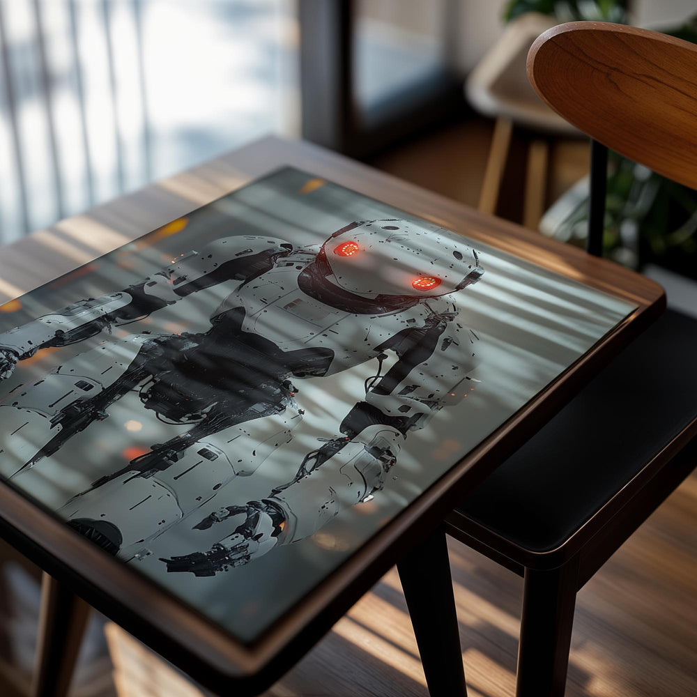 Robotic figure with glowing red eyes in a foggy environment, as a premium aluminum metal print from GoMetalPrint.
