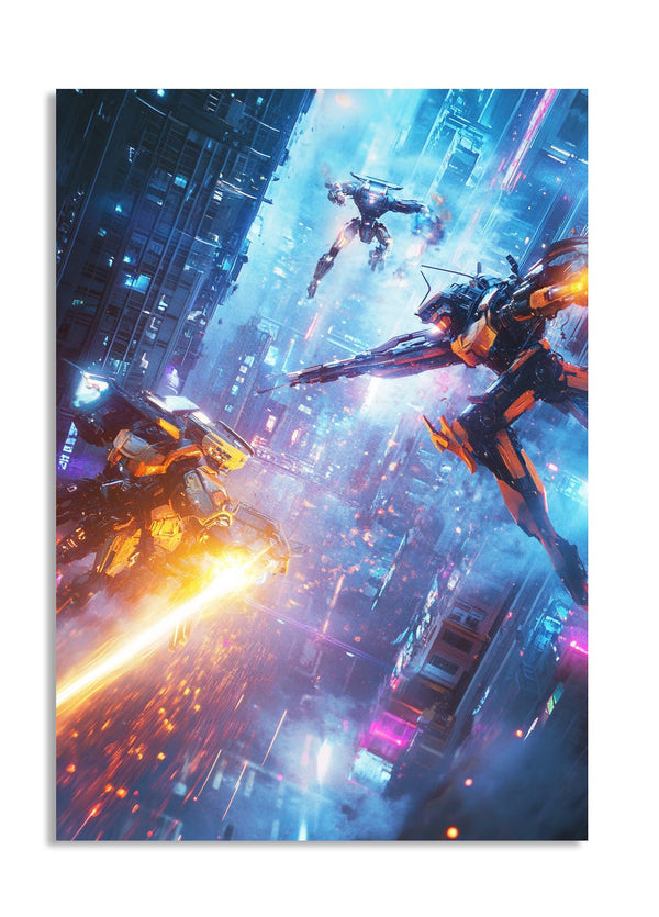 Sci-fi scene with robots in a futuristic cityscape, as a premium aluminum metal print from GoMetalPrint.
