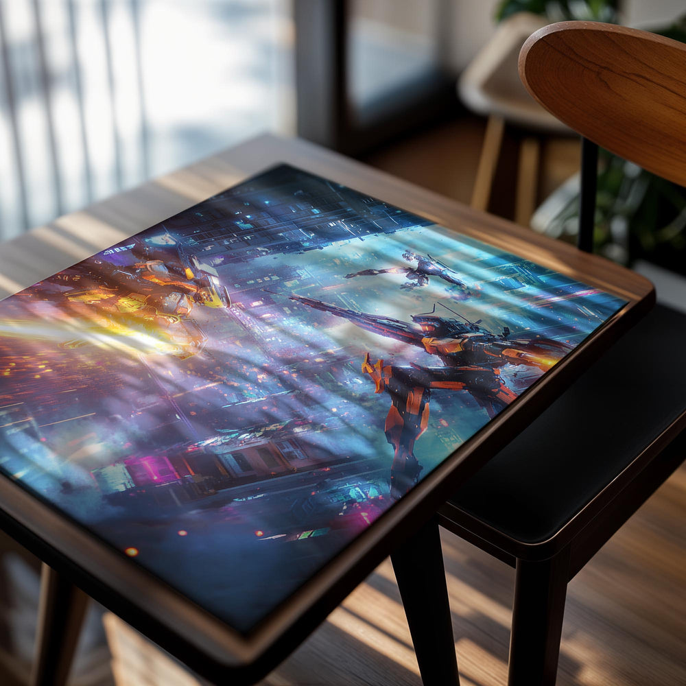 Sci-fi scene with robots in a futuristic cityscape, as a premium aluminum metal print from GoMetalPrint.
