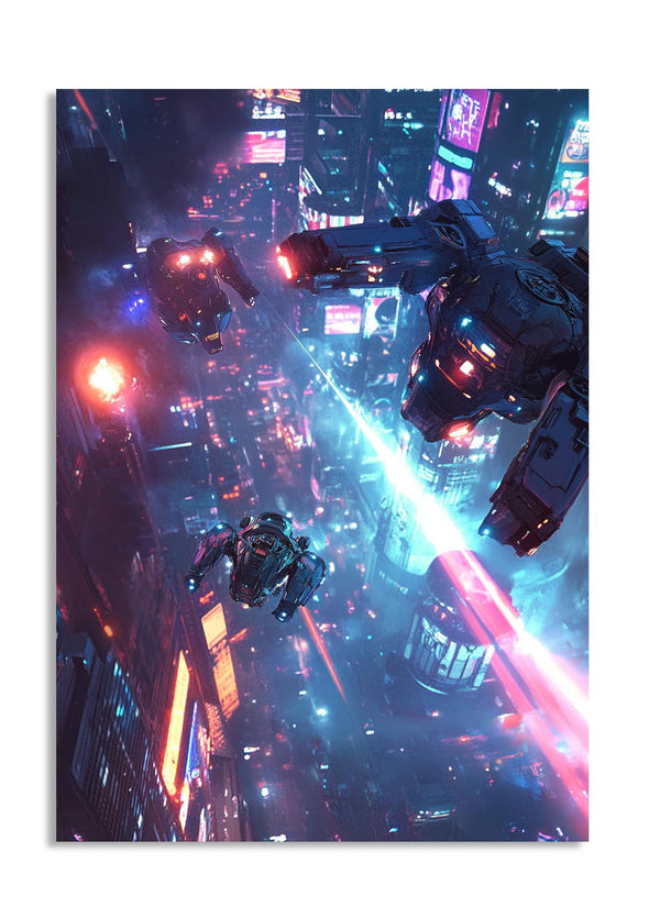 Sci-fi cityscape with flying vehicles and neon lights, as a premium aluminum metal print from GoMetalPrint.
