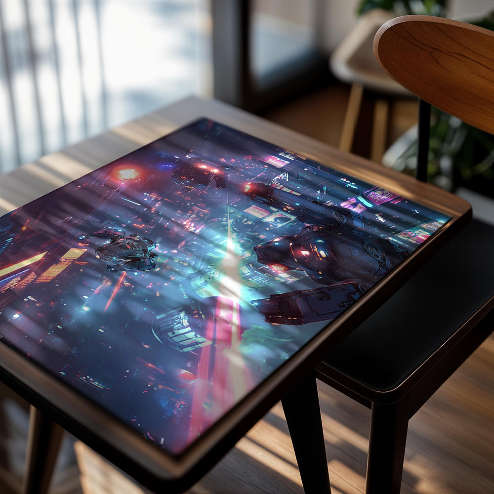 Sci-fi cityscape with flying vehicles and neon lights, as a premium aluminum metal print from GoMetalPrint.
