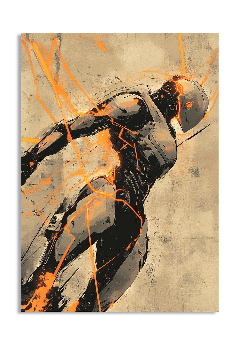 Abstract artwork of a figure with orange and black splashes on a beige background , as a premium aluminum metal print from GoMetalPrint.

