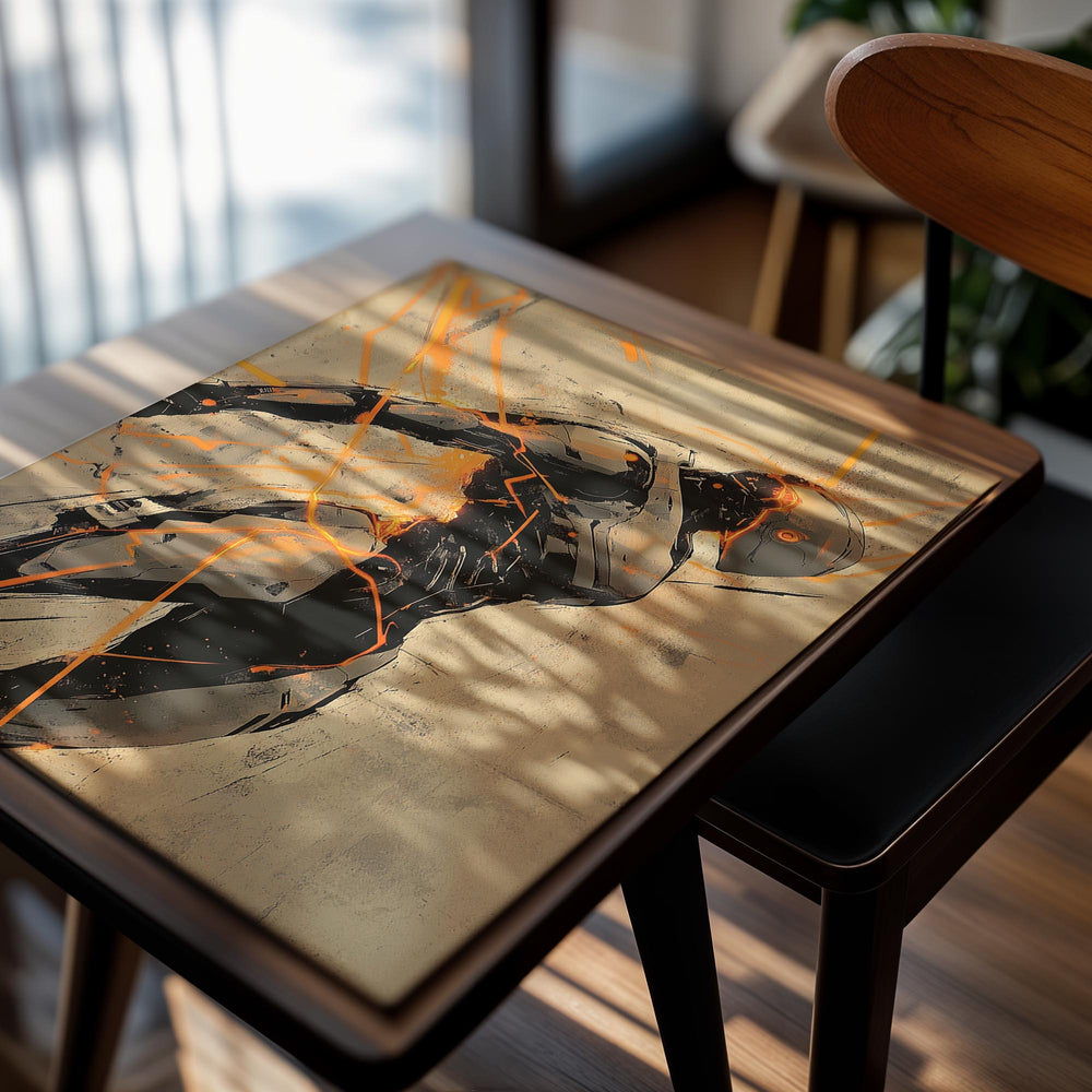 Abstract artwork of a figure with orange and black splashes on a beige background , as a premium aluminum metal print from GoMetalPrint.
