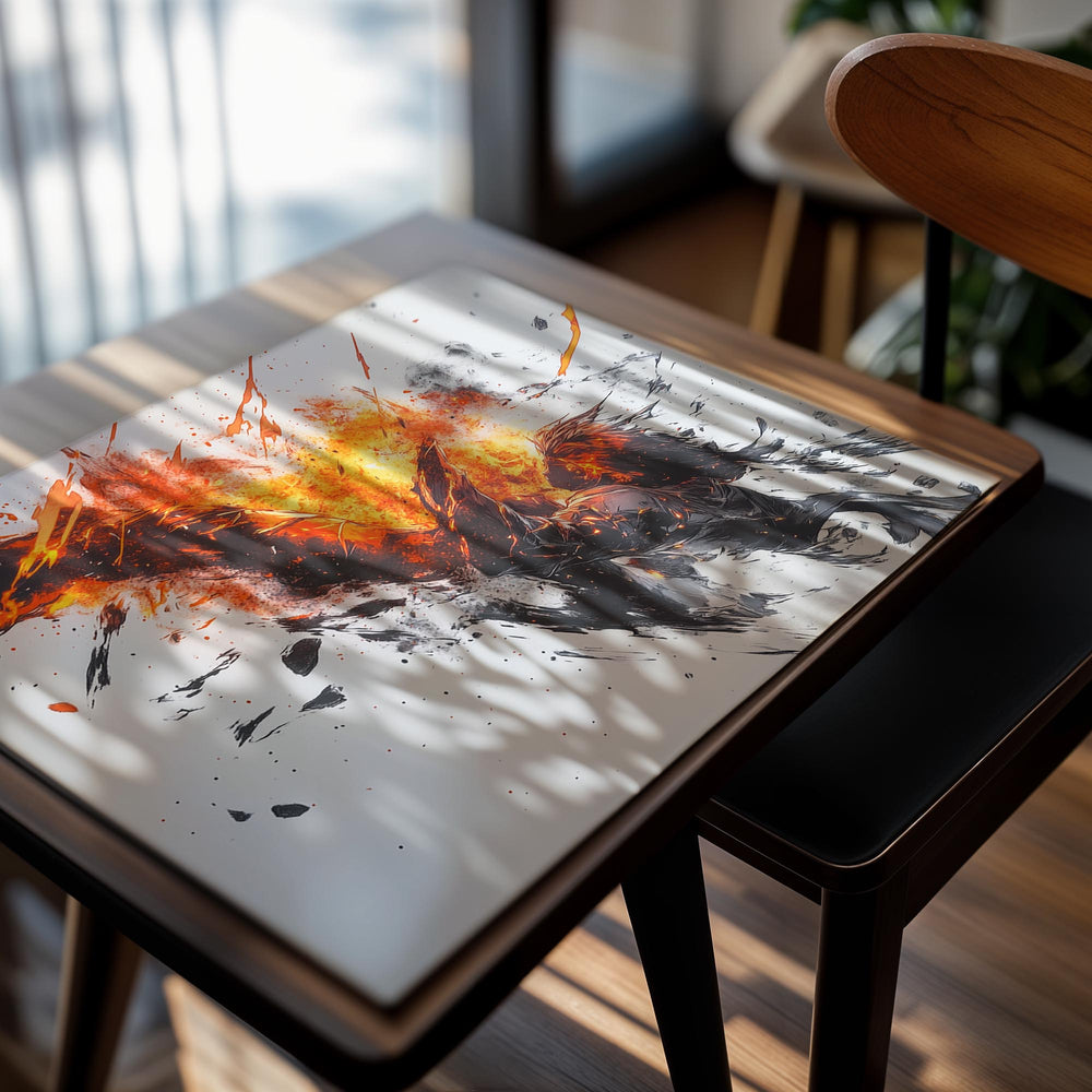 Abstract artwork with fiery and fluid design on a white background, as a premium aluminum metal print from GoMetalPrint.
