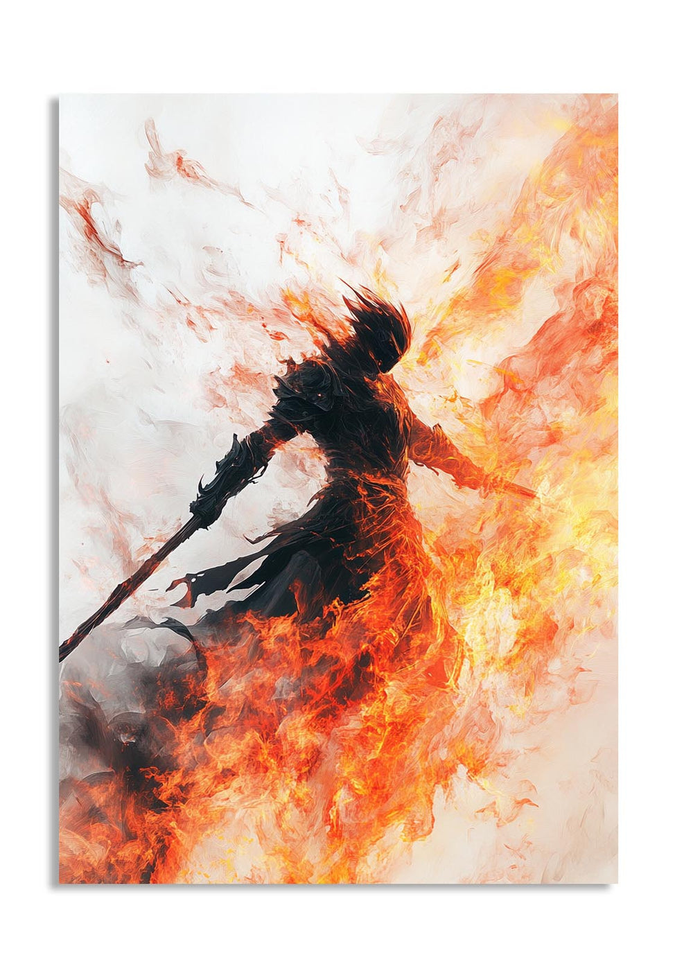 Artistic depiction of a figure surrounded by flames on a white background, as a premium aluminum metal print from GoMetalPrint.
