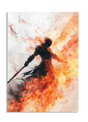Artistic depiction of a figure surrounded by flames on a white background, as a premium aluminum metal print from GoMetalPrint.
