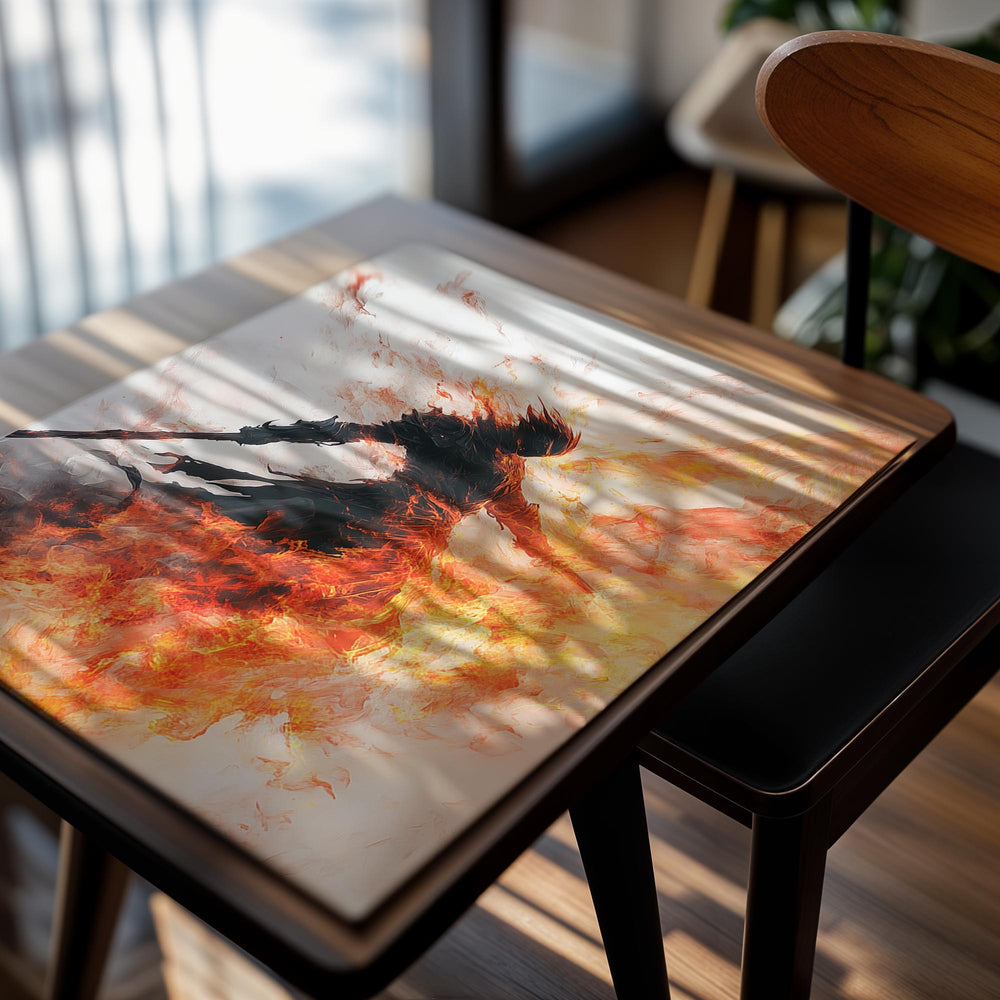Artistic depiction of a figure surrounded by flames on a white background, as a premium aluminum metal print from GoMetalPrint.
