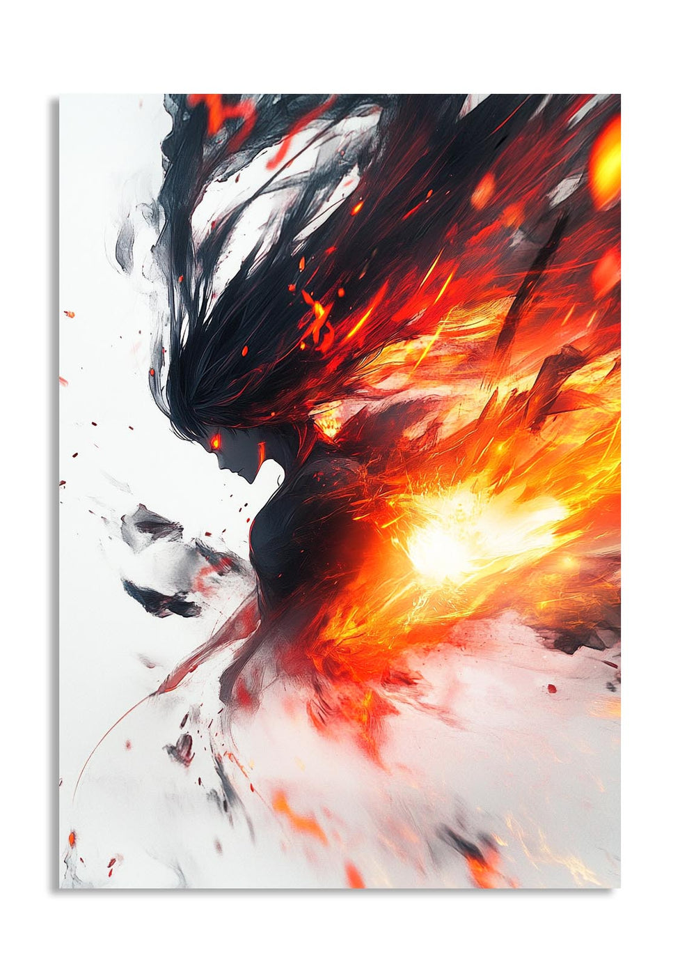 Abstract artwork with fiery and fluid design on a white background, as a premium aluminum metal print from GoMetalPrint.
